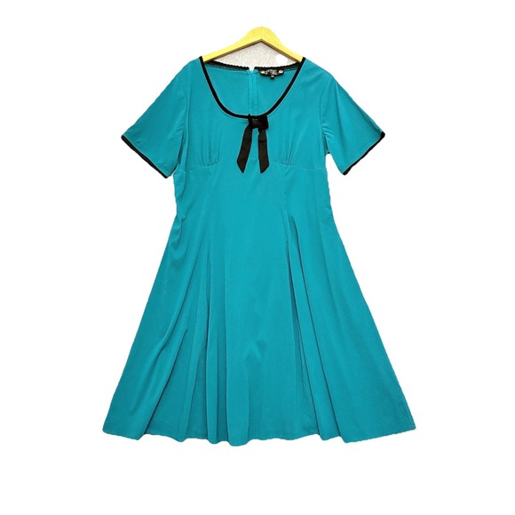 Hell Bunny Dress Swing Vixen Teal Bows Retro Pinup Plus 2XL Rockabilly Cosplay - Picture 1 of 7